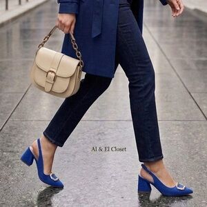 Nicole Miller New York Melrose Blue Faux Suede Slingback Block Heel Pumps 8.5